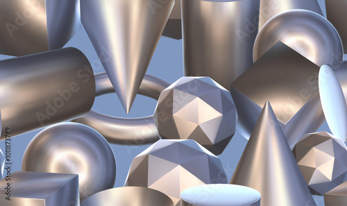 Seamless pattern 3d silver geometry. Vector realistic grey metallic objects, minimal simple different angles shapes, standard primitives. Seamless pattern vector silver geometry illustration.