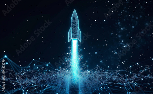Digital illustration of a rocket launching with glowing blue lines and abstract connections.