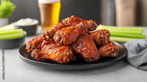 Hot buffalo chicken wings with beer and dipping sauce