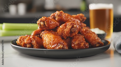 Spicy buffalo wings with beer and celery sticks