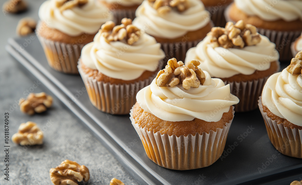 Cupcakes topped with creamy frosting and walnuts on a white plate. Cupcakes topped with creamy frosting and walnuts on a white plate.