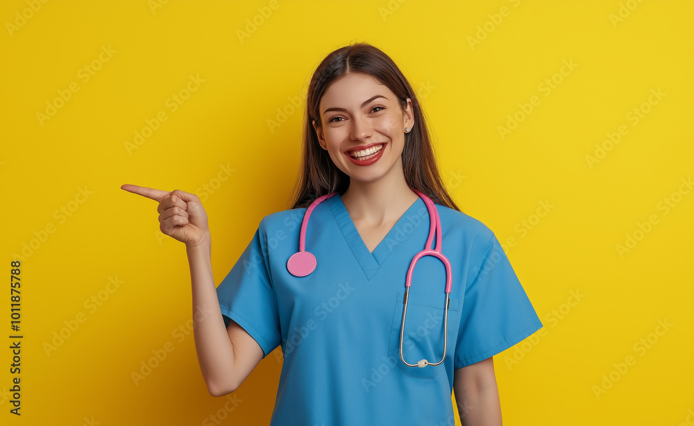 Smiling nurse in blue scrubs with a stethoscope pointing upwards, colorful background. Smiling nurse in blue scrubs with a stethoscope pointing upwards, colorful background.