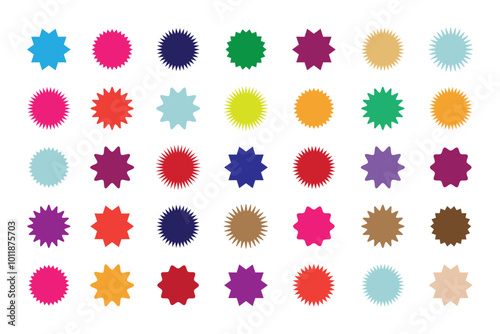 Starburst sale price labels or stickers and seals, oval and sunburst, colorful vector. Sale callout splash, star and rosette stamps or tag badges for price promotion labels or discount promo sticker 