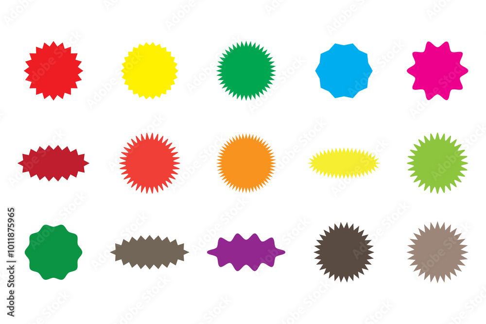 Starburst sale price labels or stickers and seals, oval and sunburst, colorful vector. Sale callout splash, star and rosette stamps or tag badges for price promotion labels or discount promo sticker Starburst sale price labels or stickers and seals, oval and sunburst, colorful vector. Sale callout splash, star and rosette stamps or tag badges for price promotion labels or discount promo sticker