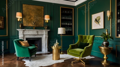 Luxurious lounge interior featuring a chic armchair, a sophisticated liquor cabinet, abundant greenery, and tasteful personal accessories against a backdrop of elegant green wall paneling. photo