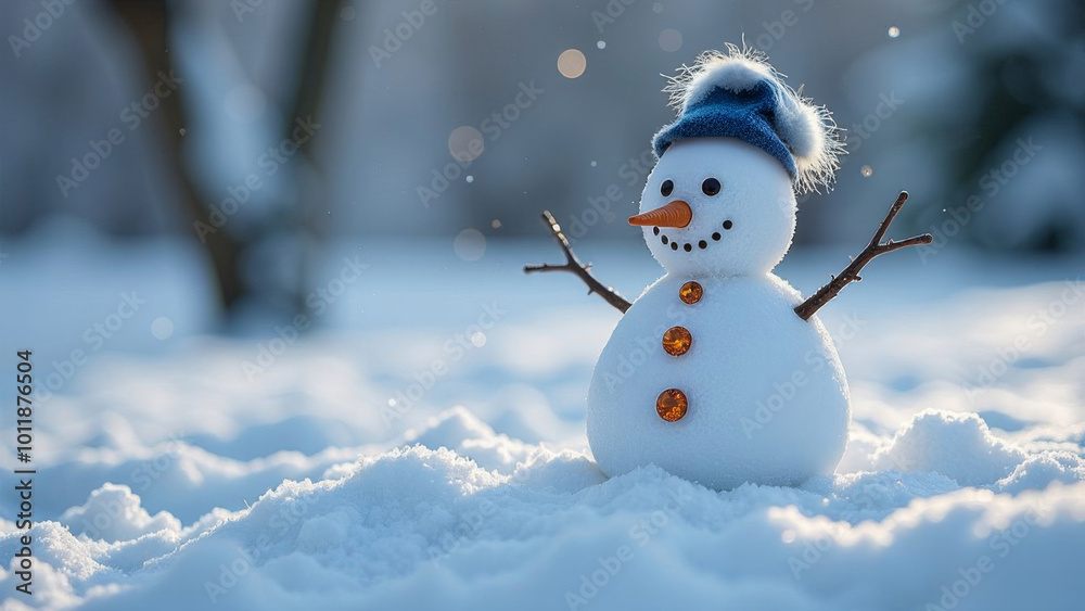 Obraz premium Snowman in a hat in the snow.