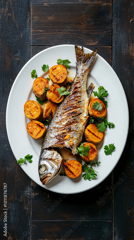 Grilled fish with roasted sweet potatoes and parsley served on a white plate, on a rustic wooden table Grilled fish with roasted sweet potatoes and parsley served on a white plate, on a rustic wooden table