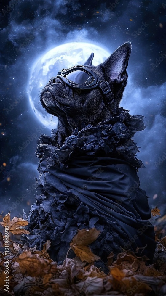 A cat wearing goggles and a black cape is standing in front of a full moon A cat wearing goggles and a black cape is standing in front of a full moon
