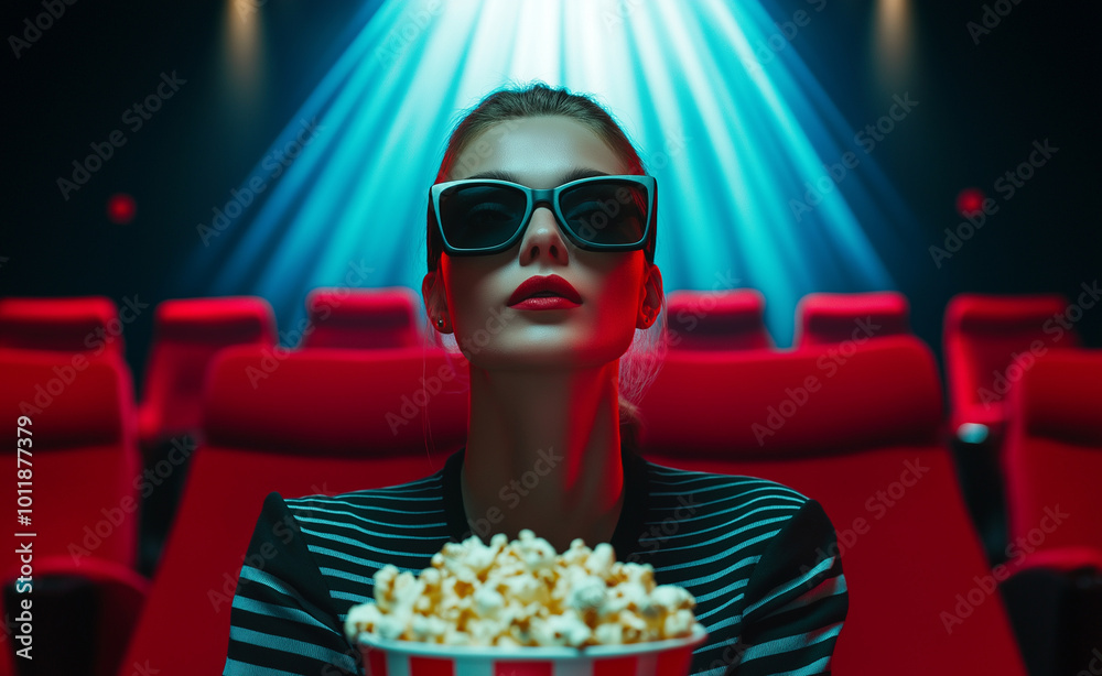 Woman wearing 3D glasses and holding popcorn in a movie theater. Woman wearing 3D glasses and holding popcorn in a movie theater.