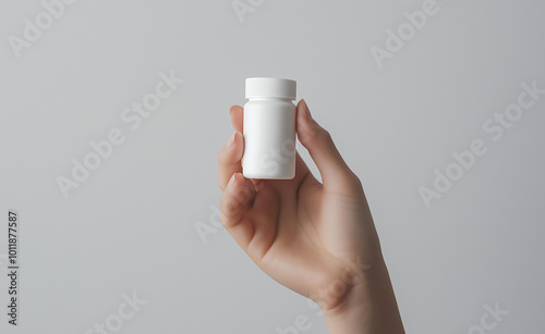 Minimalist hand holding a small white bottle against a plain background. photo