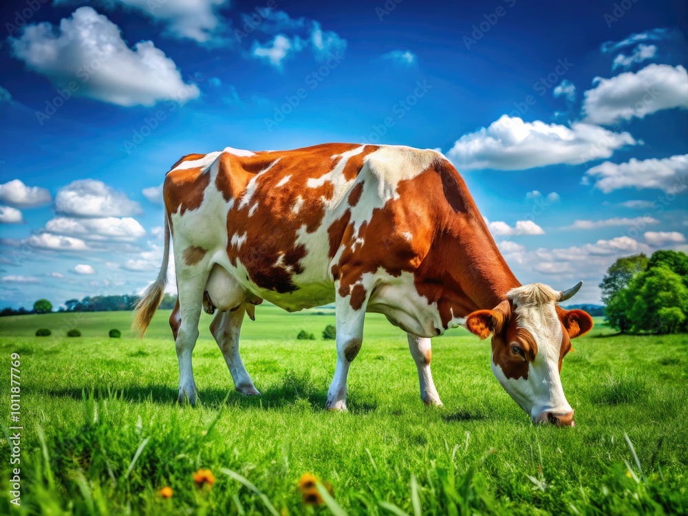 Black and white spotted cow grazing peacefully in a lush green field under a clear blue sky