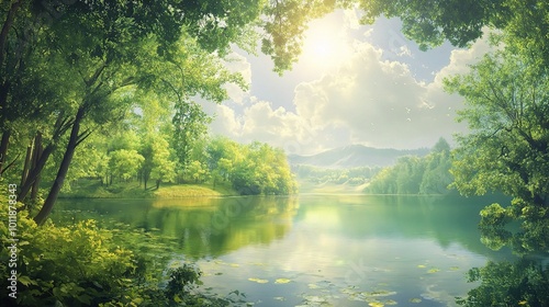 Serene Nature Scene with Calm Waters and Lush Foliage