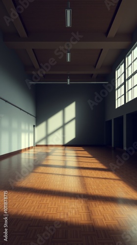 Bright empty room hall with a large window and parquet natural lighting gym room Ultra realistic Photorealistic  Cinematic photography photo