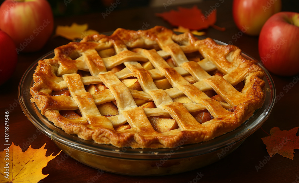 Homemade apple pie with lattice crust surrounded by autumn leaves and apples. Homemade apple pie with lattice crust surrounded by autumn leaves and apples.