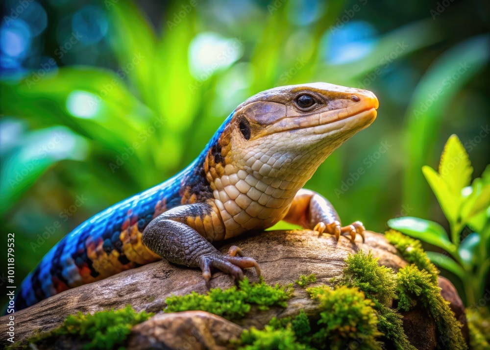 Bluetongued Skink Relaxing on a Rock in Natural Habitat with Lush Greenery Surrounding It Bluetongued Skink Relaxing on a Rock in Natural Habitat with Lush Greenery Surrounding It
