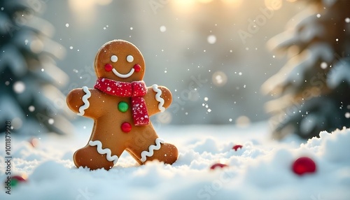 Gingerbread man in snow with festive decorations 