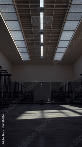 Empty gym interior 3 d illustration 3 d rendering gym room Ultra realistic Photorealistic  Cinematic photography photo