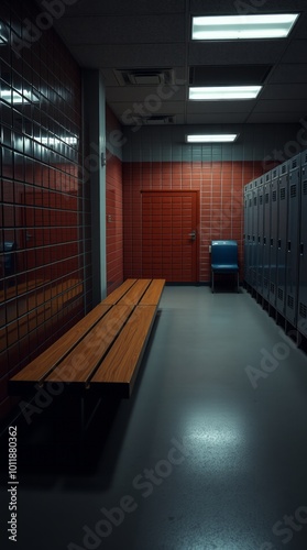 Public changing rooms with bench and lockers gym room Ultra realistic Photorealistic  Cinematic photography photo