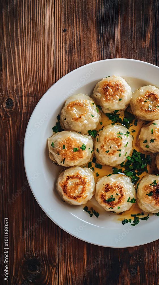 Wooden table with a serving of delicious dumplings garnished with melted butter and herbs