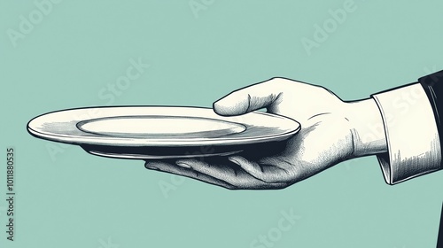 Minimalist illustration of a hand holding a serving plate in a formal suit against a green background photo