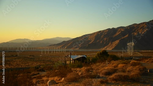Wind Turbines renewable energy below mountains
