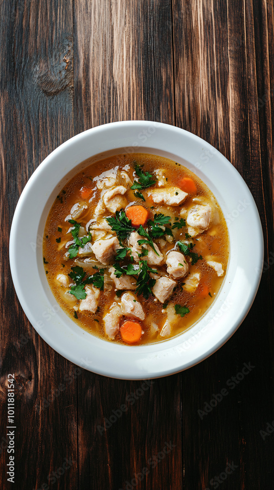 Savory homemade chicken soup is topped with fresh parsley and presented on a rustic wooden table Savory homemade chicken soup is topped with fresh parsley and presented on a rustic wooden table