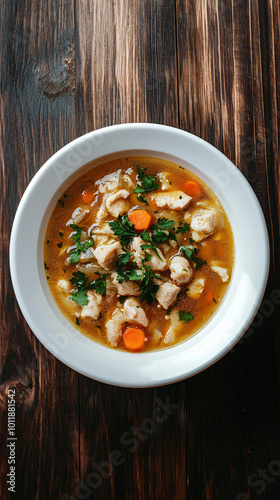 Savory homemade chicken soup is topped with fresh parsley and presented on a rustic wooden table