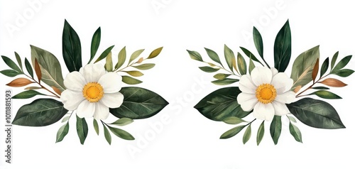 A beautiful floral arrangement featuring delicate white flowers and lush green leaves, perfect for various design projects.