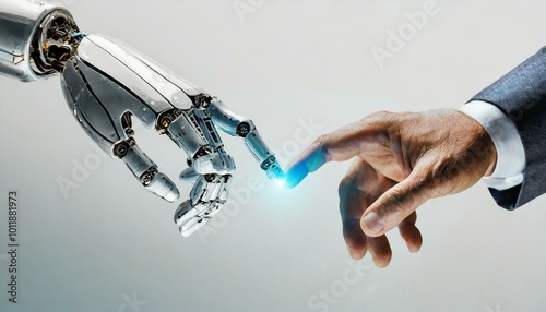 Robot and human touch hands photo