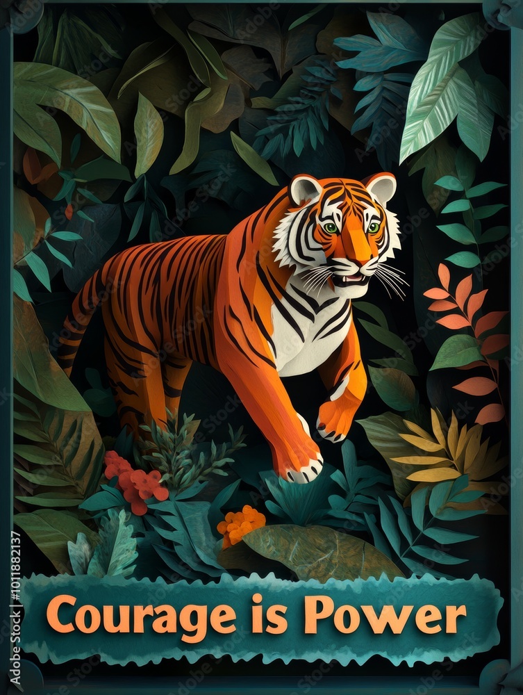A vibrant orange tiger amidst lush green foliage, symbolizing courage and strength. A vibrant orange tiger amidst lush green foliage, symbolizing courage and strength.