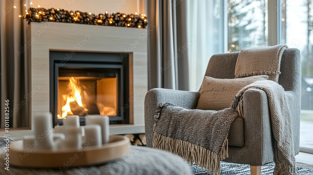 Cozy living room with a stunning fireplace, comfy armchair, and stylish decorations. Perfect for relaxing evenings.