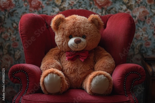 Photorealistic Image of a Plush Red Teddy Bear Sitting on a Heart-Shaped Armchair Against Floral Wallpaper