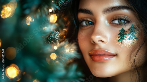 Portrait of a young woman with green eyes with a Christmas tree painted on her face. Close-up. Beautiful mysterious girl with face art on the background of fir branches and festive bokeh, copy space