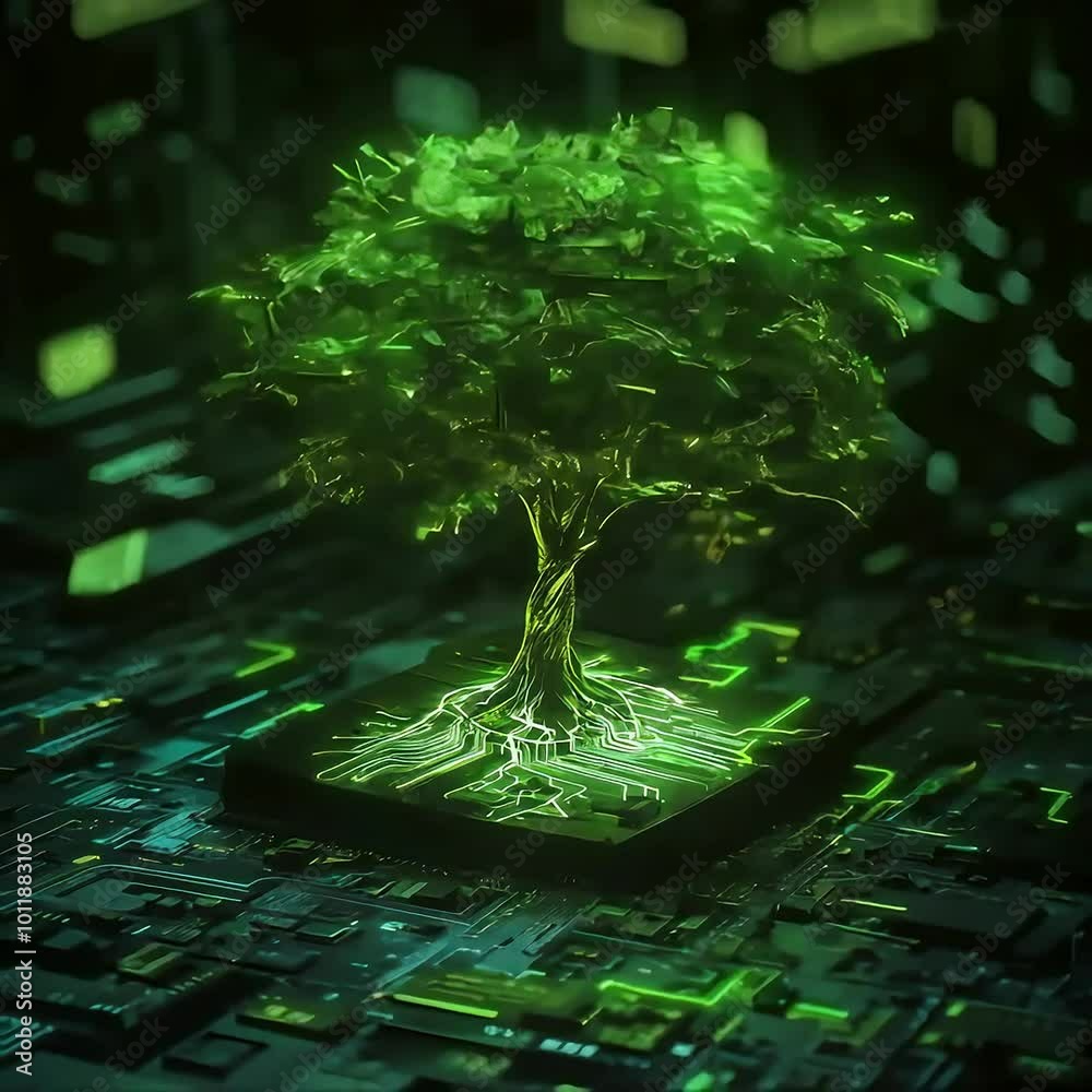 Uma árvore cresce em uma placa de computador e brilha com luz verde, no estilo art déco inspirado, consciência ambiental