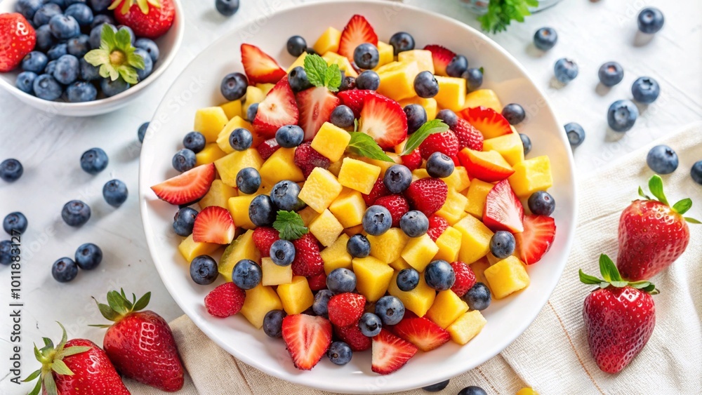 A white plate filled with a delicious fruit salad of chopped mango, strawberries, and blueberries. A white plate filled with a delicious fruit salad of chopped mango, strawberries, and blueberries.
