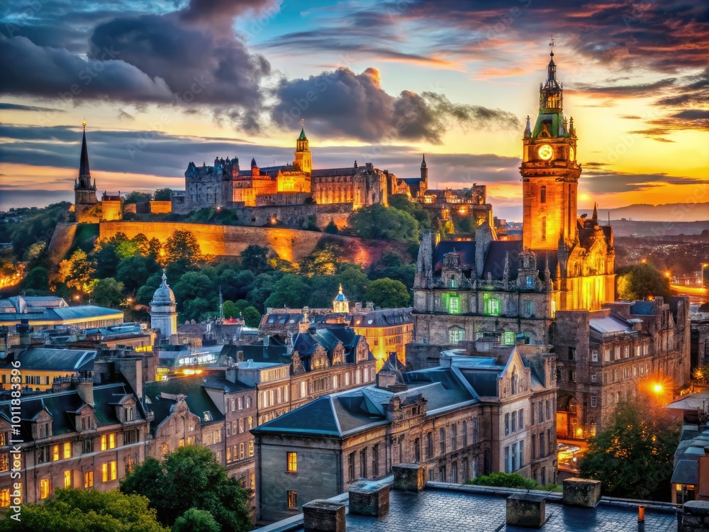 Fototapeta premium Breathtaking Edinburgh Skyline at Dusk with Historic Architecture and Vibrant City Lights Illuminated