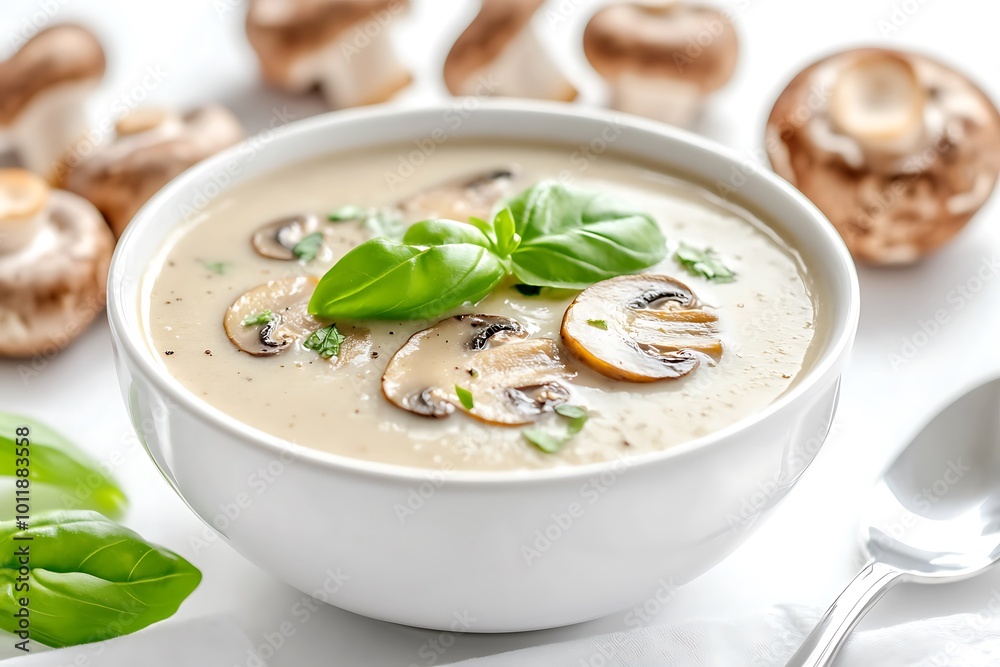 Fresh basil-topped creamy mushroom soup in a white bowl Fresh basil-topped creamy mushroom soup in a white bowl