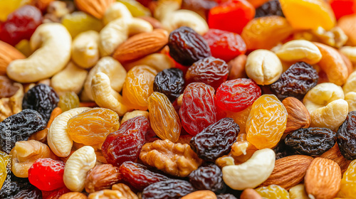 Assorted nuts and dried fruits including almonds, raisins, and cashews. photo