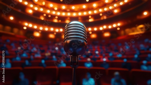 Microphone on stage in a theater with audience in the background photo