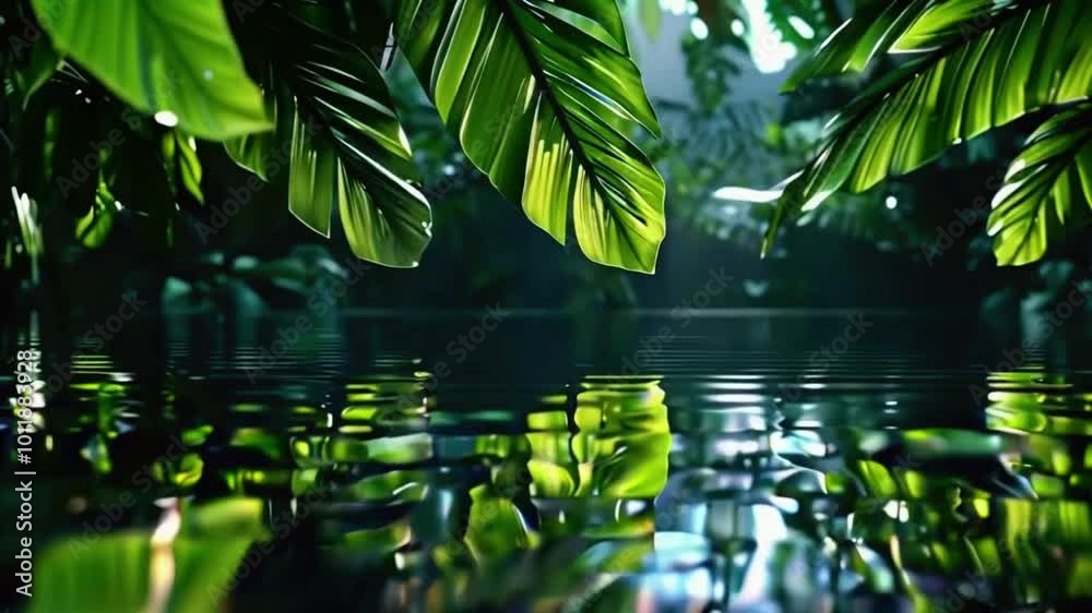 A dark, glossy background tropical leaves placed water surface. ripples gently, light passes over the leaves, soothing yet vibrant animation loop, 4k High-Quality background Animation Video A dark, glossy background tropical leaves placed water surface. ripples gently, light passes over the leaves, soothing yet vibrant animation loop, 4k High-Quality background Animation Video