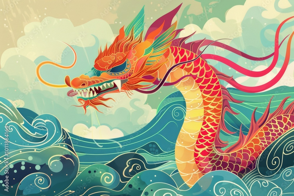Colorful dragon soaring over ocean waves Colorful dragon soaring over ocean waves