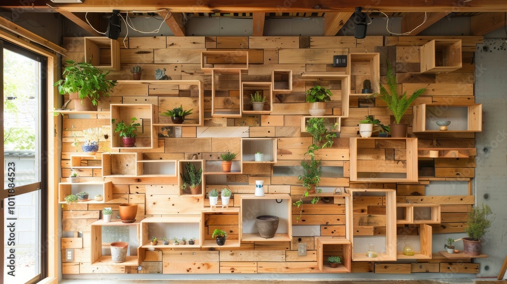 Wooden shelves for plants in the room, with pots and vases on them Wooden shelves for plants in the room, with pots and vases on them