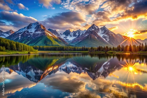 Breathtaking Midnight Sun Over Alaskan Landscape with Majestic Mountains and Serene Reflections