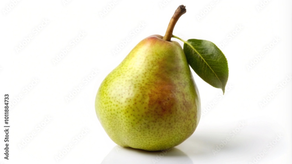 A ripe green pear with a single leaf on a white background.