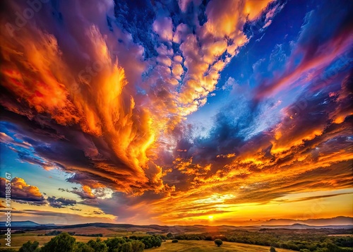 Breathtaking Sky and Landscape View with Vibrant Colors and Dramatic Cloud Formations at Sunset