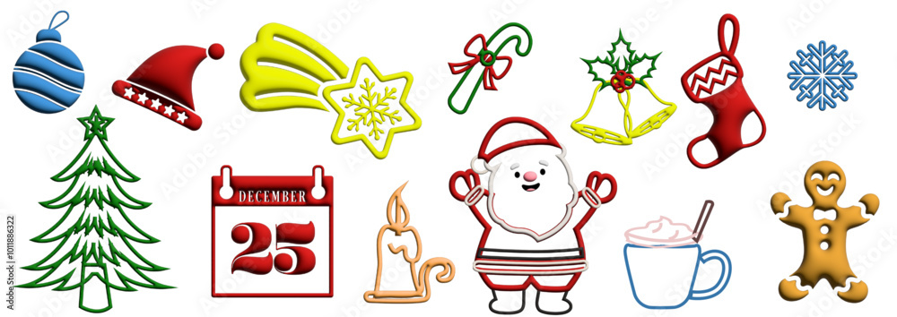 Fototapeta premium 3D Merry Christmas line icon set. Santa Claus, snowman, Christmas tree, gifts, holly, and festive ornaments. Holiday clip art collection isolated on white background