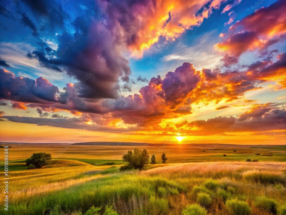 Obraz premium Breathtaking Sunset Over Expansive Prairie Landscape with Vibrant Colors and Tranquil Atmosphere