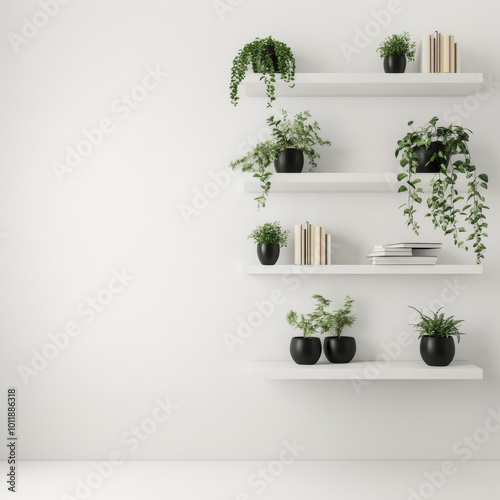 Books and plants organized on white floating shelves