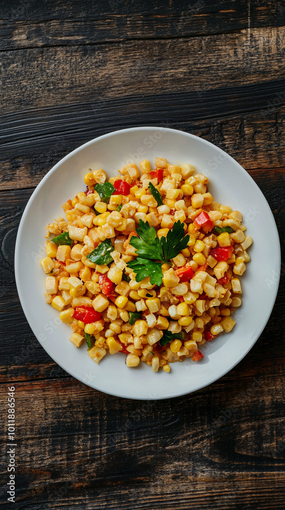 Rustic wooden table holds a white plate with sauteed corn, red pepper, and parsley Rustic wooden table holds a white plate with sauteed corn, red pepper, and parsley