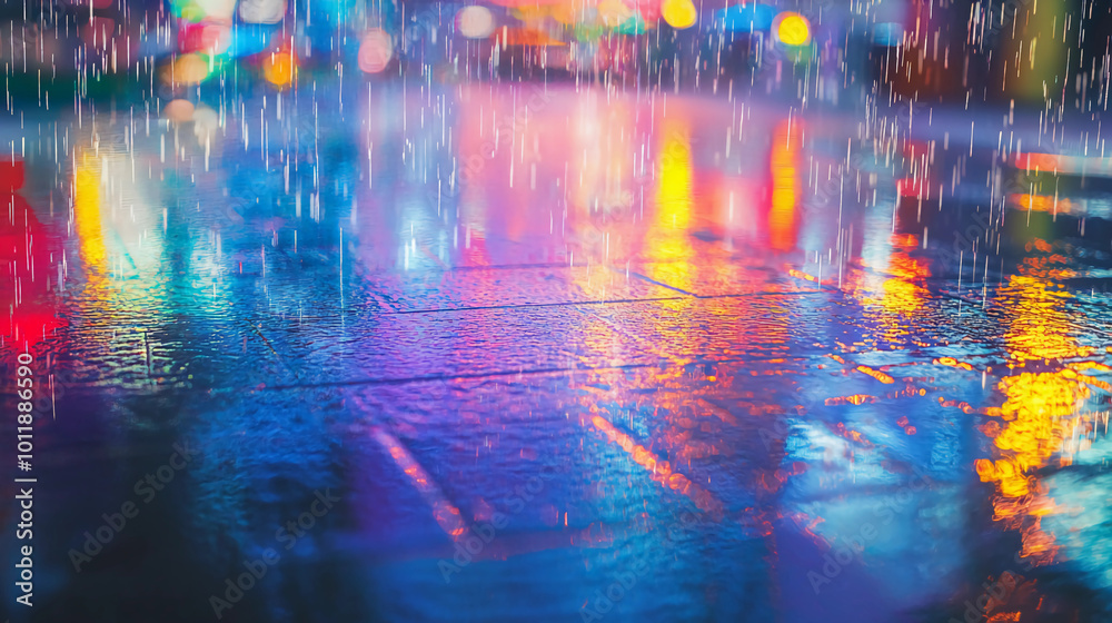 Colorful Reflections on Wet Street During Rainy Night with Neon Lights Colorful Reflections on Wet Street During Rainy Night with Neon Lights